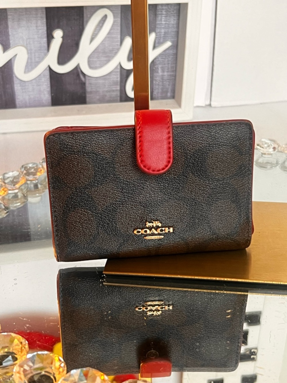 Coach Brown Signature Wallet with Red Trim